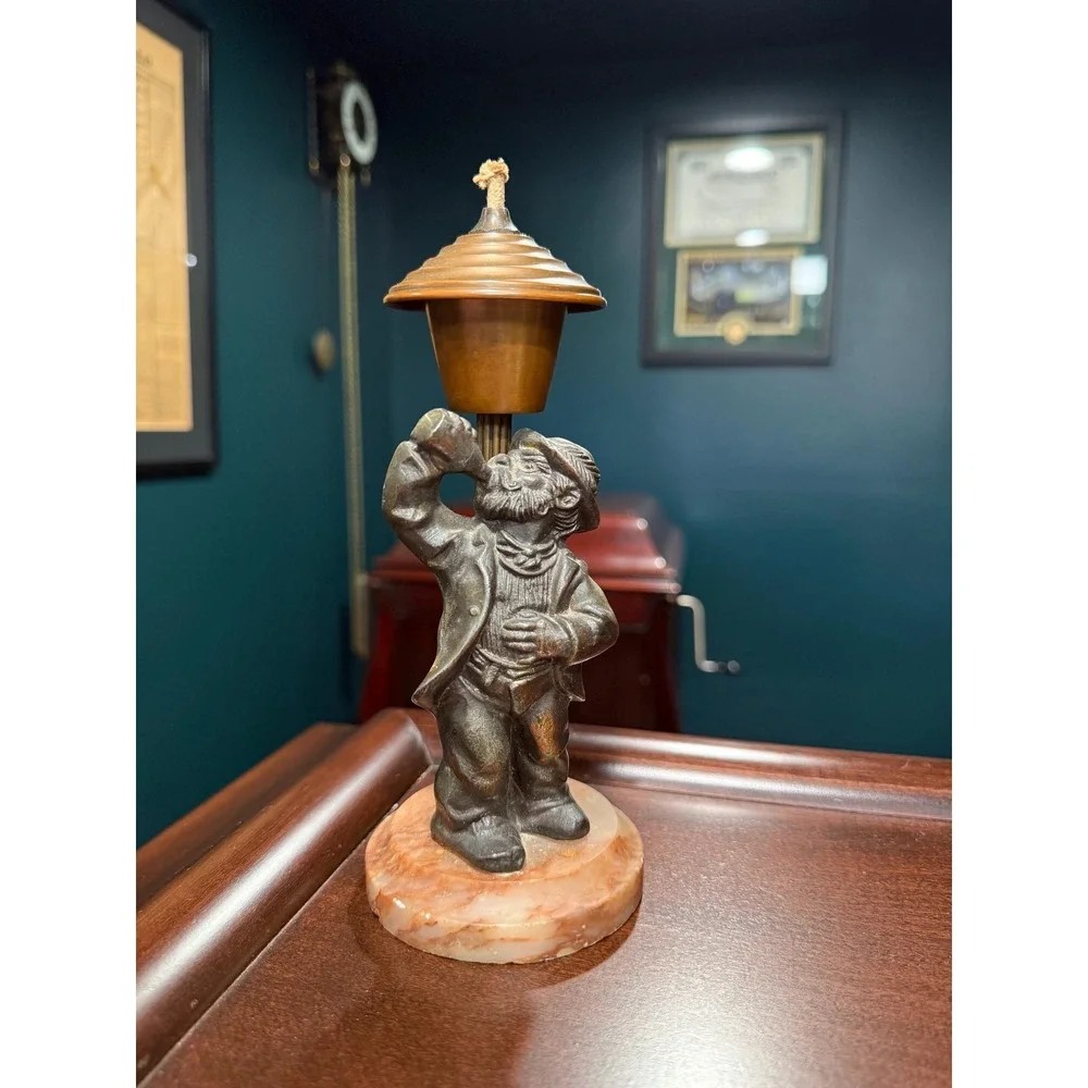 Vintage‎ 1940s Figural Oil Lamp | Drinking Man on Onyx Base | Brass Reservoir